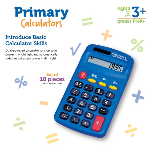 Learning Resources Primary Calculator, Basic Solar Powered Calculators, Teacher Set of 10 Calculators, Ages 3+