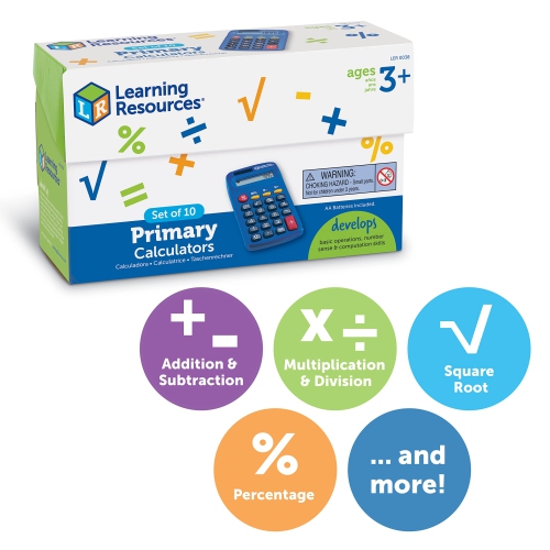 Learning Resources Primary Calculator, Basic Solar Powered Calculators, Teacher Set of 10 Calculators, Ages 3+