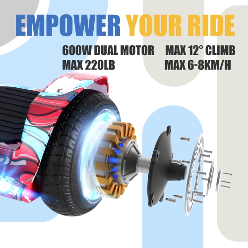 BIIST Street Red Hoverboard with Music speaker, 6.5" Shining Wheels, 300W Motor, LED Head lights, UL2272 Certified with Max range up to 6-8 kms