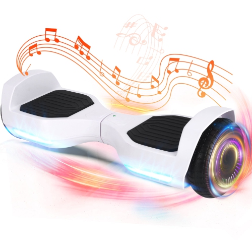 BIIST Ultra Classic White Hoverboard with Music speaker, 6.5" Shining Wheels, 300W Motor, LED Head lights, UL2272 Certified with Max range up to 6-8