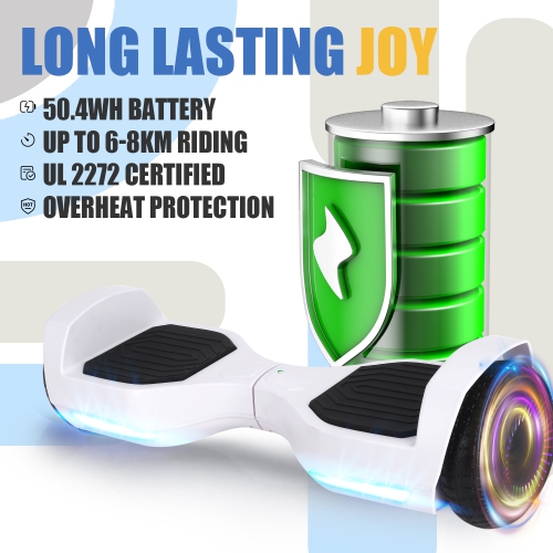 BIIST Ultra Classic White Hoverboard with Music speaker, 6.5" Shining Wheels, 300W Motor, LED Head lights, UL2272 Certified with Max range up to 6-8