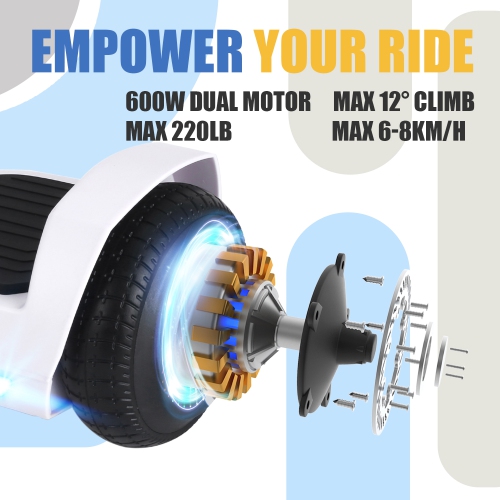 BIIST Ultra Classic White Hoverboard with Music speaker, 6.5" Shining Wheels, 300W Motor, LED Head lights, UL2272 Certified with Max range up to 6-8