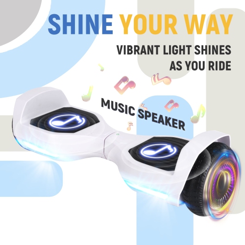 BIIST Ultra Classic White Hoverboard with Music speaker, 6.5" Shining Wheels, 300W Motor, LED Head lights, UL2272 Certified with Max range up to 6-8