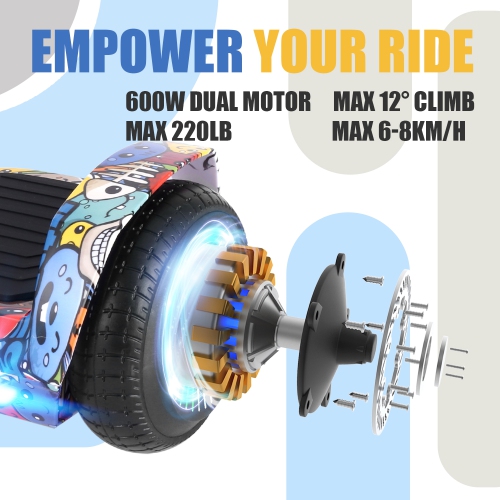 BIIST Street Cartoon Hoverboard with Music speaker, 6.5" Shining Wheels, 300W Motor, LED Head lights, UL2272 Certified with Max range up to 6-8 kms