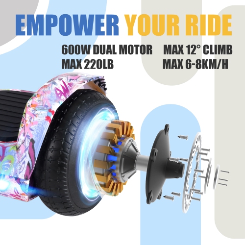 Planche gyroscopique rose de BIIST Street avec haut-parleur musical, roues brillantes de 6,5 po, moteur 300 W double, phares à DEL,