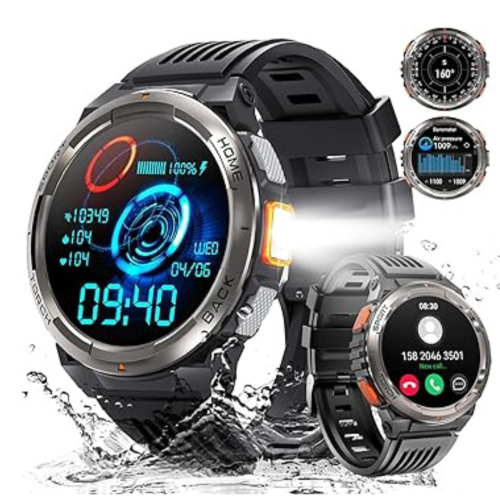 Military Smart Watches for Men with LED Flashlight, Tactical Rugged Smart Watch with 1.45" HD, 3ATM Waterproof & Compass, Sports Fitness Tracker with