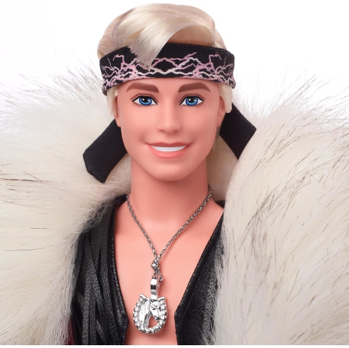 Barbie The Movie: Ken Doll Wearing Big Faux Fur Coat & Black Fringe Vest with Bandana