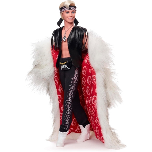 Barbie The Movie: Ken Doll Wearing Big Faux Fur Coat & Black Fringe Vest with Bandana