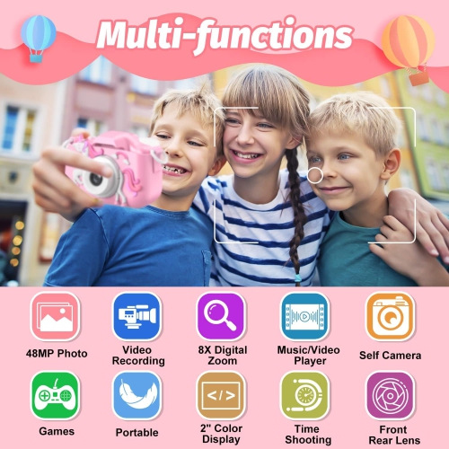 Caméra vidéo numérique HD pour enfants de 3-12 ans, appareil photo pour enfants pour garçons et filles, étui protecteur en silicone et carte SD 32&nb