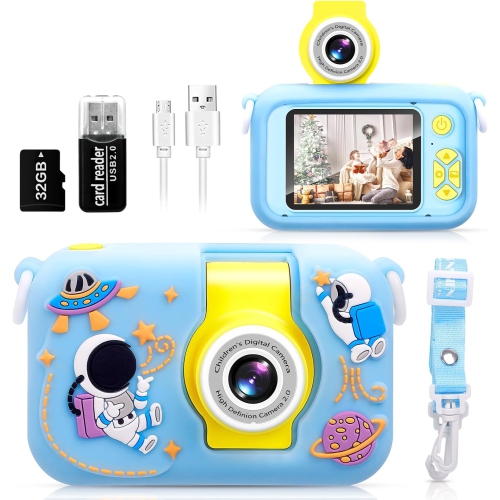 Kids Camera with 180° Flip Lens, 2.4" IPS LCD Digital Camera for Children with Silicone Case, Selfie Camera for Boys & Girls 3-10 Yrs Old, Perfect Ch