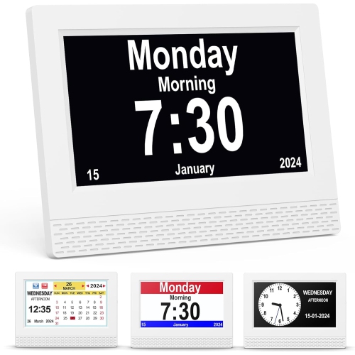 7" HD Digital Calendar Alarm Clock with Large Screen Display, Multiple Clock Modes, Non-Abbreviated Day & Date for Alzheimer's, Dementia, Memory Loss