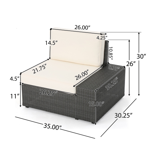 Outdoor Wicker Armless Sectional Sofa Seat, Gray, Set