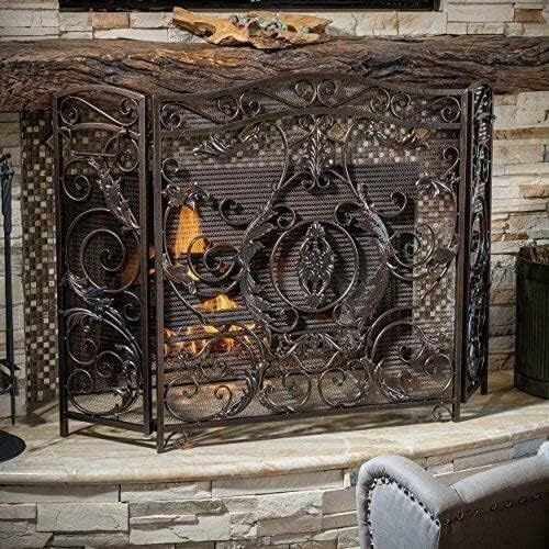 OLLNY DECOR  Fireplace Screens Gold Finish Fireplace Screen 3 Panel Folding Wrought Iron Arch Scrollwork Fireplace Screen Flat Fireplace Screens