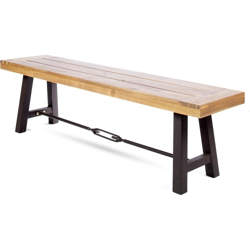 Outdoor Acacia Wood Bench with Metal Accents, Teak Finish / Rustic Metal 14. 50 x 63 x 17. 75 inches