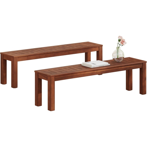 62" Acacia Wood Paito Dining Benches Set for 6-8 People Seat Kitchen Dinner Room, Brown