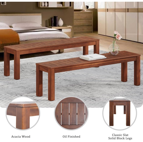 62" Acacia Wood Paito Dining Benches Set for 6-8 People Seat Kitchen Dinner Room, Brown