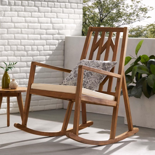 Acacia rocking chair, wooden rocking chair with cushion, rocking chair for porch, garden, terrace, balcony, pool, indoor