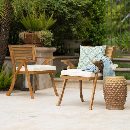 Wood Dining Chairs Set of 2 with Cushions, Wooden Armchairs for Dining Room, Kitchen, Deck, Yard, Porch Natural Teak