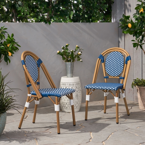 2-pcs Outdoor Collection French Navy, White and Brown Stackable Bistro Patio Chair