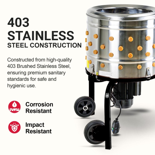 Kitchener Chicken Plucker De-Feather Remover Poultry and Fowl Food Processor Electric Stainless Steel Heavy Duty 1HP 120VAC 280RPM GFCI Connector 92