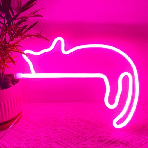 Cat Neon Sign Classroom Lazy Cat Neon Light Decorations Pink Cat Room Wall Decor Themed Stuff, USB/Battery Operated LED Laying Lying Cat Neon Sign