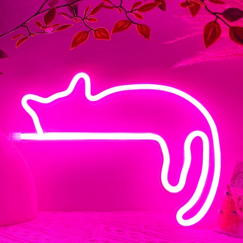 Cat Neon Sign Classroom Lazy Cat Neon Light Decorations Pink Cat Room Wall Decor Themed Stuff, USB/Battery Operated LED Laying Lying Cat Neon Sign