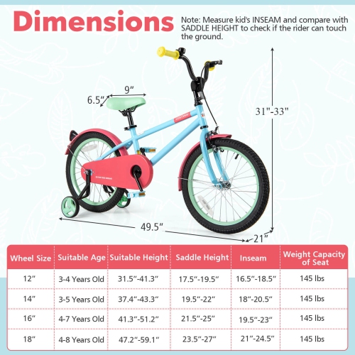 Costway 18" Kids Bike with Adjustable Saddle Handlebar Removable Training Wheels Handbrake