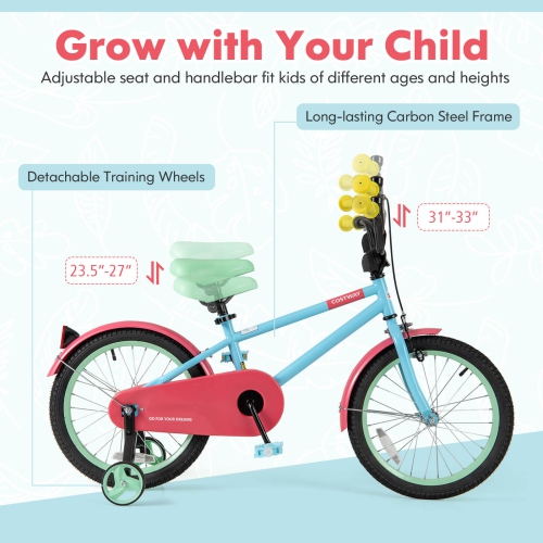 Costway 18" Kids Bike with Adjustable Saddle Handlebar Removable Training Wheels Handbrake