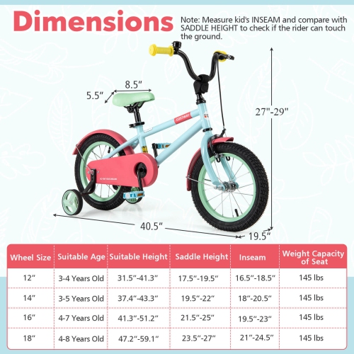Costway 14" Kids Bike with Adjustable Saddle Handlebar Removable Training Wheels Handbrake
