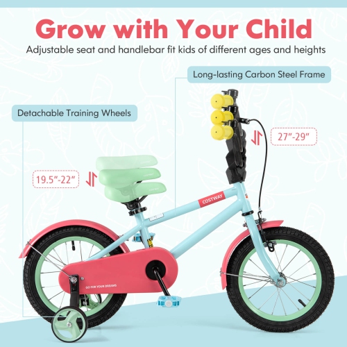 Costway 14" Kids Bike with Adjustable Saddle Handlebar Removable Training Wheels Handbrake