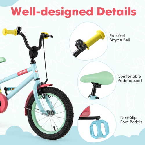 Costway 14" Kids Bike with Adjustable Saddle Handlebar Removable Training Wheels Handbrake