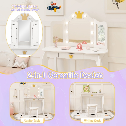 Costway Kids Vanity Set Princess Vanity Table & Chair Set with Lighted Mirror