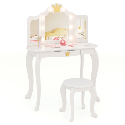 Costway Kids Vanity Set Princess Vanity Table & Chair Set with Lighted Mirror