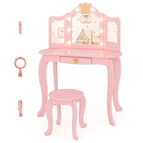 Costway Kids Vanity Set Princess Vanity Table & Chair Set with Lighted Mirror