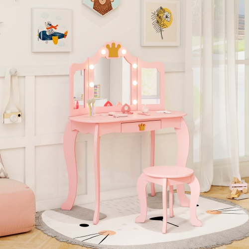 Costway Kids Vanity Set Princess Vanity Table & Chair Set with Lighted Mirror