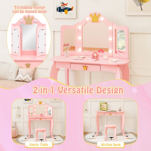 Costway Kids Vanity Set Princess Vanity Table & Chair Set with Lighted Mirror
