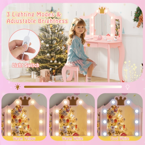 Costway Kids Vanity Set Princess Vanity Table & Chair Set with Lighted Mirror