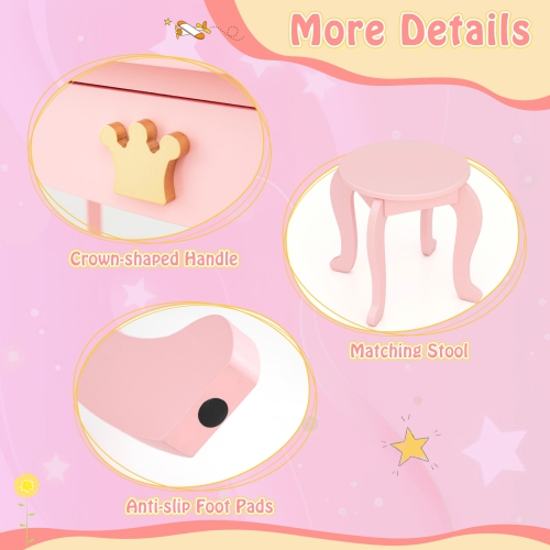 Costway Kids Vanity Set Princess Vanity Table & Chair Set with Lighted Mirror