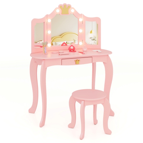 Costway Kids Vanity Set Princess Vanity Table & Chair Set with Lighted Mirror