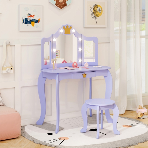 Costway Kids Vanity Set Princess Vanity Table & Chair Set with Lighted Mirror