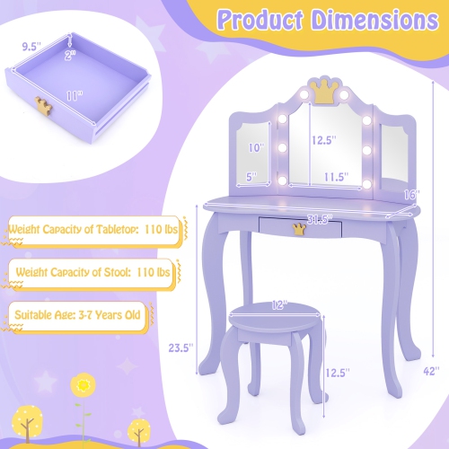 Costway Kids Vanity Set Princess Vanity Table & Chair Set with Lighted Mirror