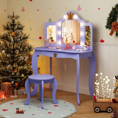 Costway Kids Vanity Set Princess Vanity Table & Chair Set with Lighted Mirror