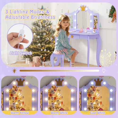 Costway Kids Vanity Set Princess Vanity Table & Chair Set with Lighted Mirror