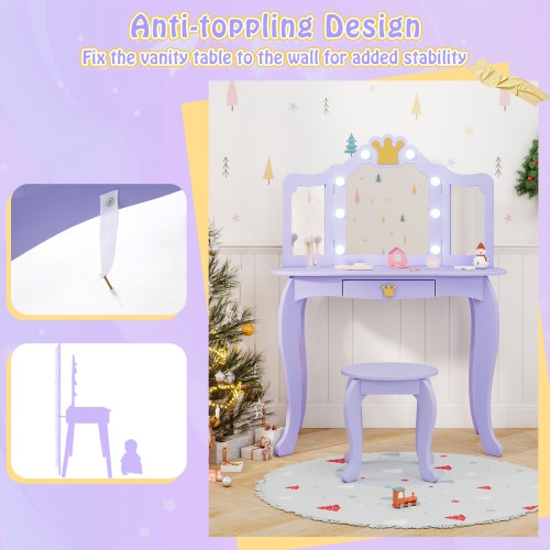 Costway Kids Vanity Set Princess Vanity Table & Chair Set with Lighted Mirror
