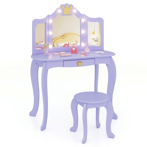 Costway Kids Vanity Set Princess Vanity Table & Chair Set with Lighted Mirror
