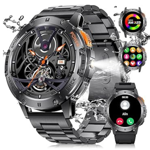 LIGE Military Smart Watch with Bluetooth Call,1.43" HD AMOLED Fitness Tracker with IP68 Waterproof 100+Sports Modes for Android iOS, 530mAh Smartwatc