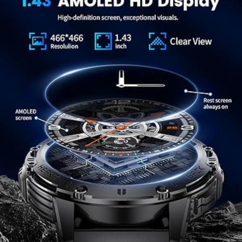 LIGE Military Smart Watch with Bluetooth Call,1.43" HD AMOLED Fitness Tracker with IP68 Waterproof 100+Sports Modes for Android iOS, 530mAh
