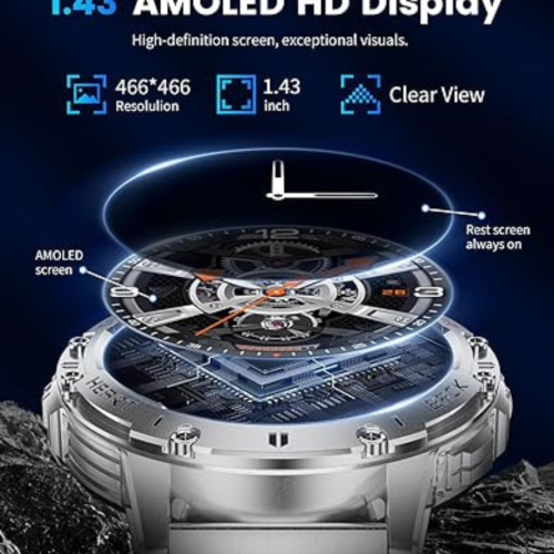 LIGE Military Smart Watch with Bluetooth Call,1.43" HD AMOLED Fitness Tracker with IP68 Waterproof 100+Sports Modes for Android iOS, 530mAh