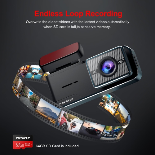 4K Dash Cam Front, WiFi & App Control,Dashcam with 64GB SD Card 2160P Dash Camera for Cars,WDR,Super Night Vision,Parking Mode,G-Sensor,Loop