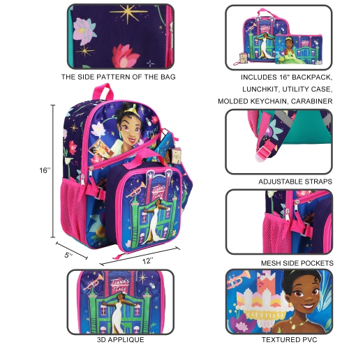 Disney Princess Tiana's Place 5 Piece 16" Kids Backpack Set